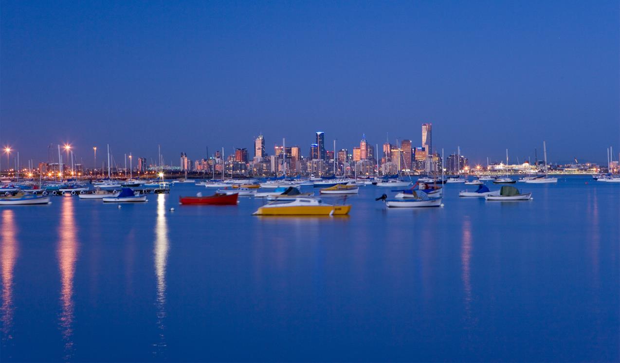 boats and yachts moored with city skyline at night